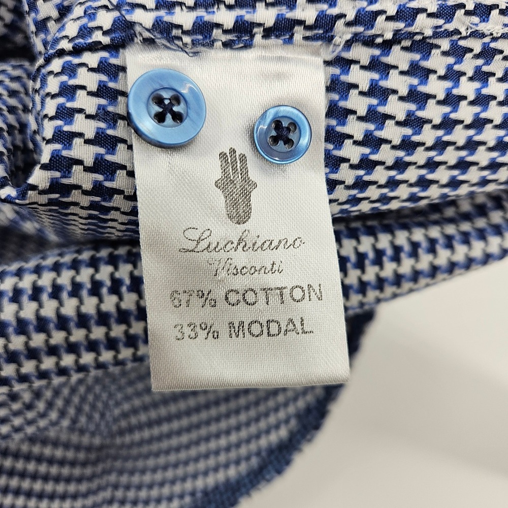 Luchiano Visconti Houndstooth Button Down Blue White Cotton Modal XL - Picture 4 of 8